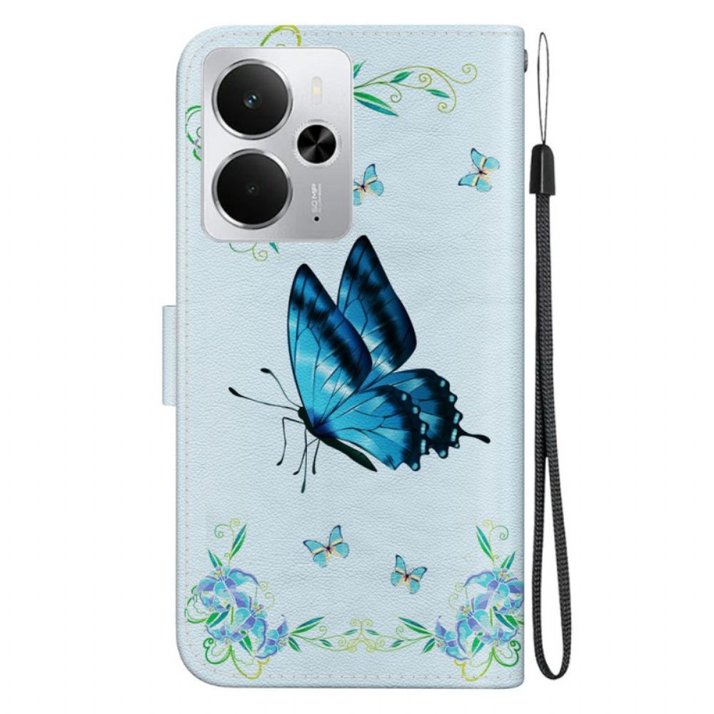 Leren Hoesje Voor Realme 14 5g Blauwe Vlinder En Bloemen