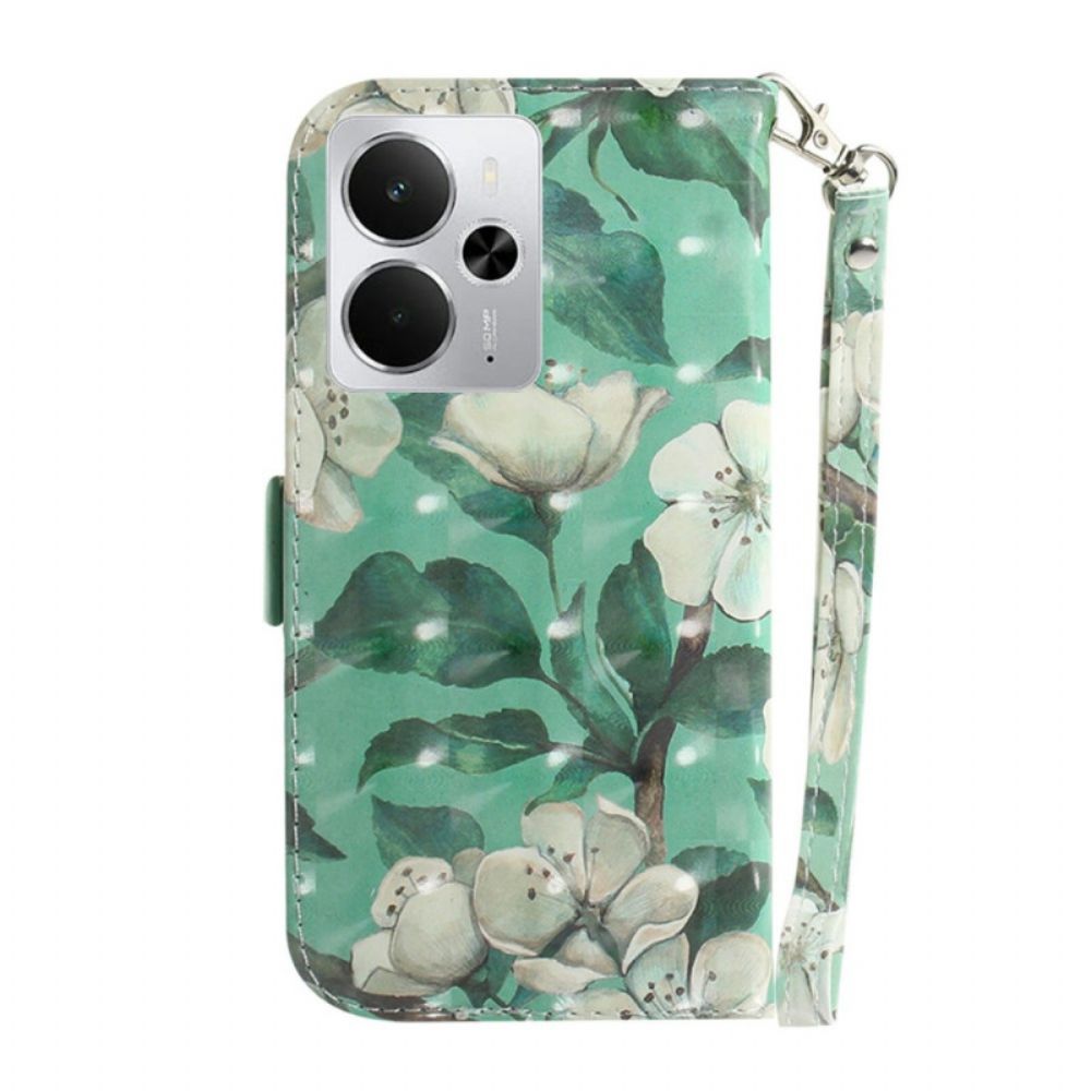 Leren Hoesje Voor Realme 14 5g Witte Bloemen Met Sleutelkoord