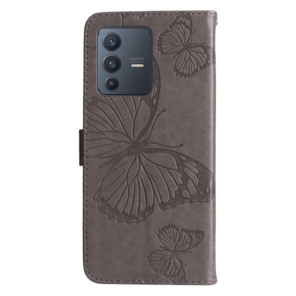 Folio-hoesje voor Vivo V23 5G Met Ketting Reusachtige Vlinders Met Bandjes