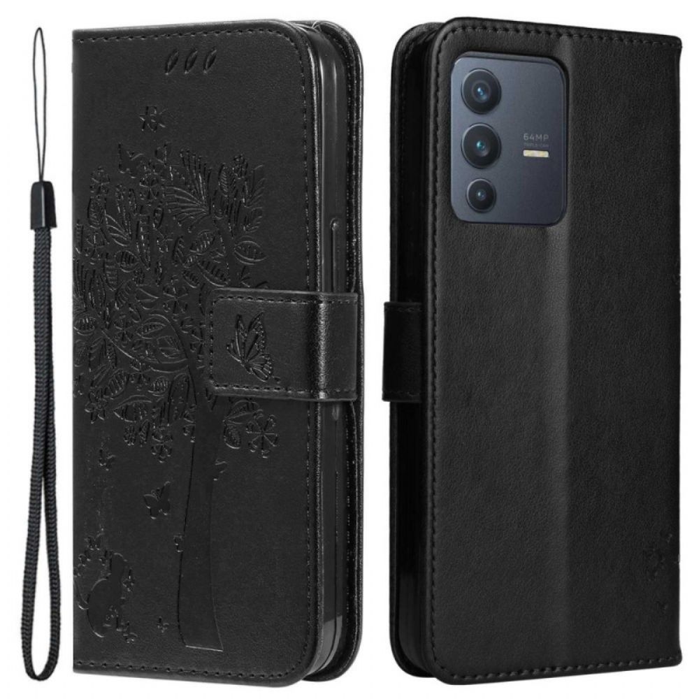 Leren Hoesje voor Vivo V23 5G Met Ketting Kat Onder De Riemboom