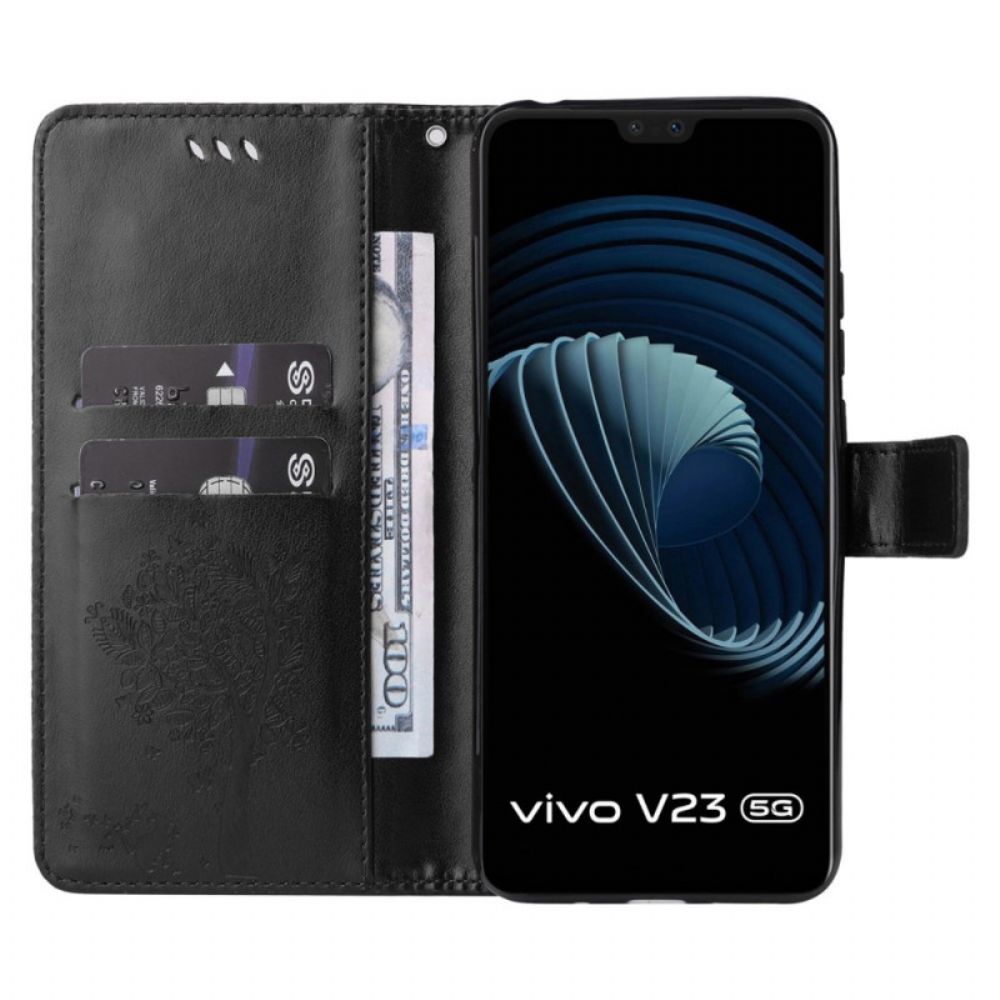 Leren Hoesje voor Vivo V23 5G Met Ketting Kat Onder De Riemboom