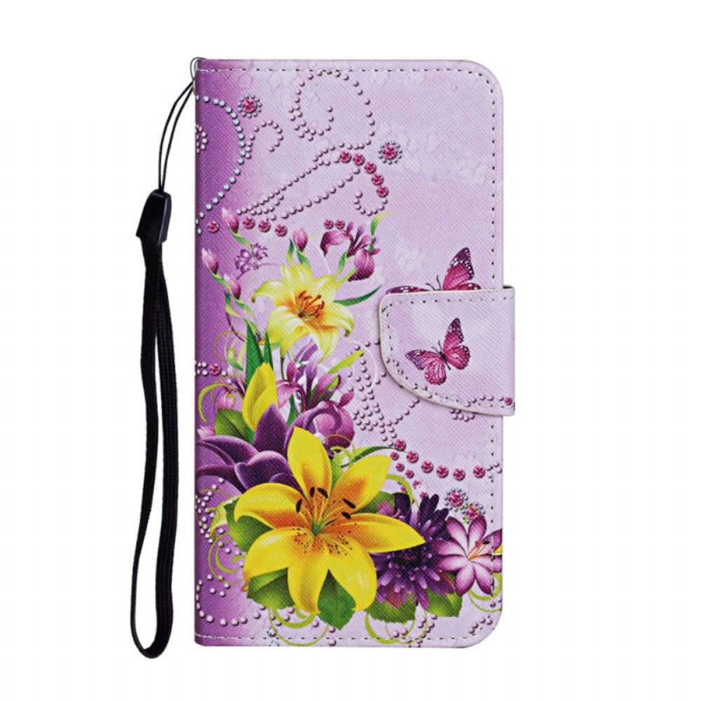 Flip Case voor Samsung Galaxy S22 Ultra 5G Meesterlijke Bloemen Met Riem