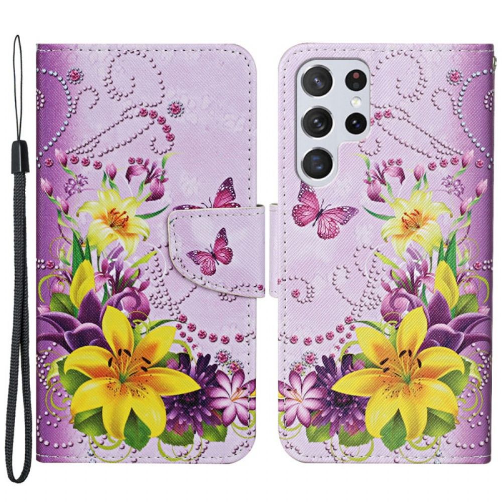 Flip Case voor Samsung Galaxy S22 Ultra 5G Meesterlijke Bloemen Met Riem
