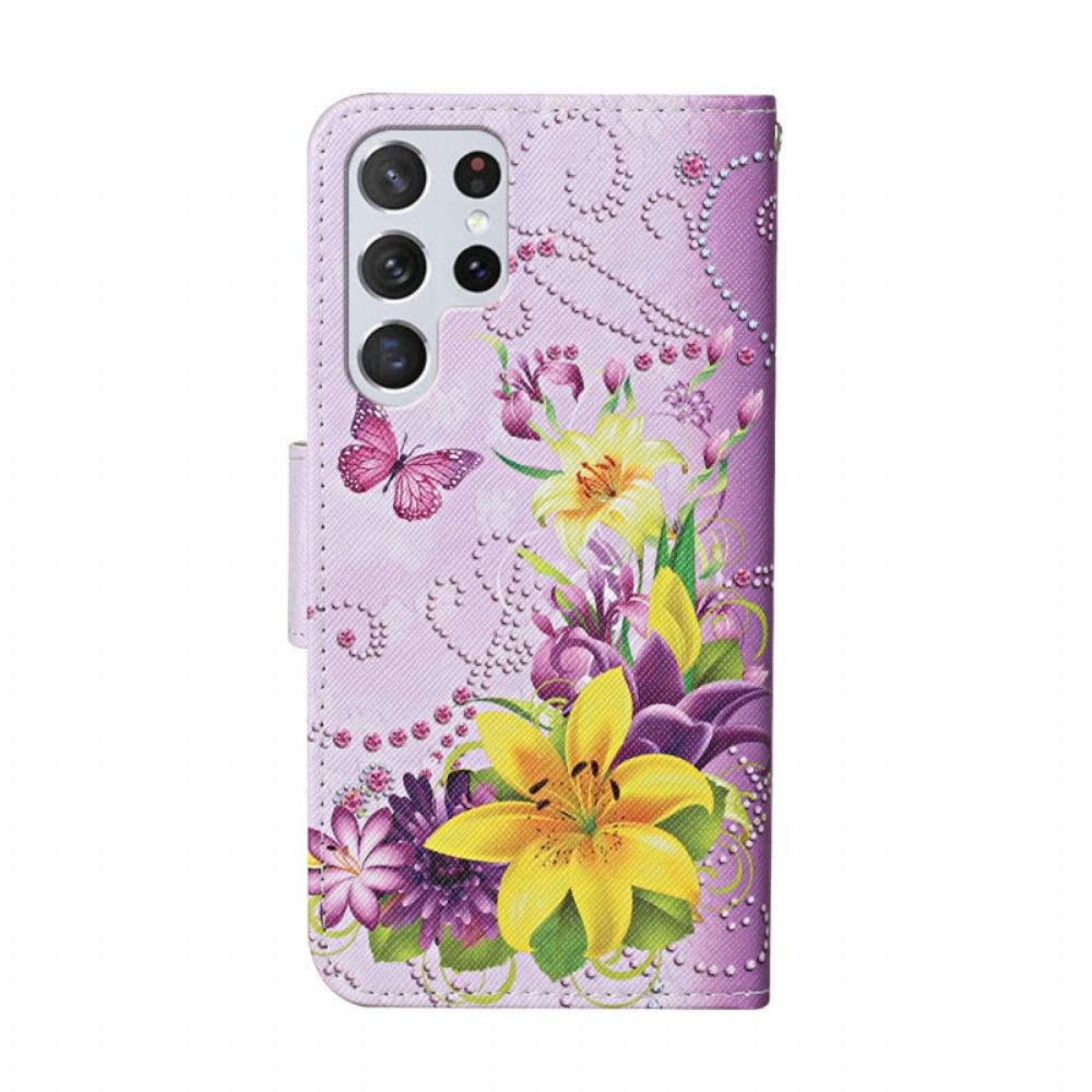 Flip Case voor Samsung Galaxy S22 Ultra 5G Meesterlijke Bloemen Met Riem