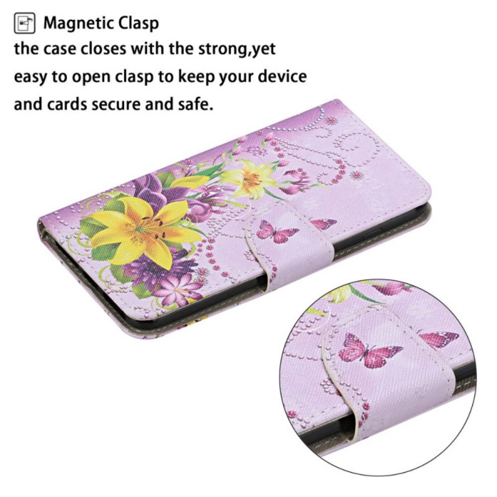 Flip Case voor Samsung Galaxy S22 Ultra 5G Meesterlijke Bloemen Met Riem