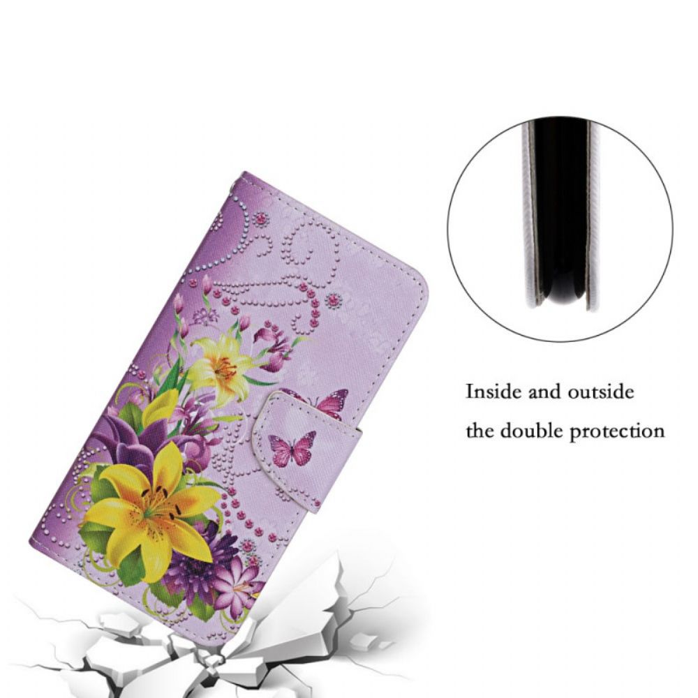 Flip Case voor Samsung Galaxy S22 Ultra 5G Meesterlijke Bloemen Met Riem