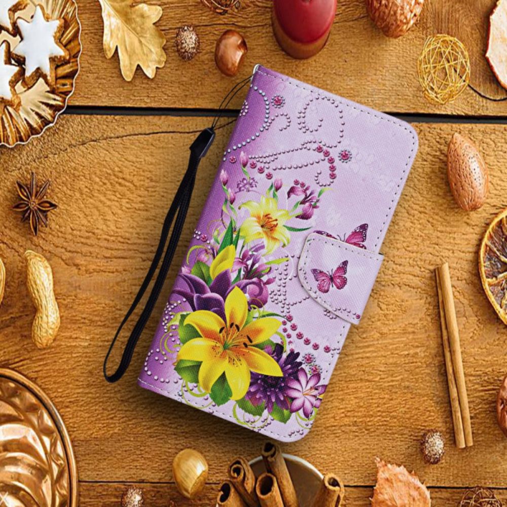Flip Case voor Samsung Galaxy S22 Ultra 5G Meesterlijke Bloemen Met Riem