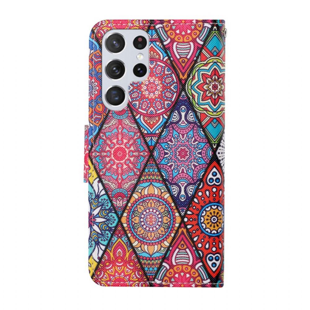 Flip Case voor Samsung Galaxy S22 Ultra 5G Patchwork Met Lanyard