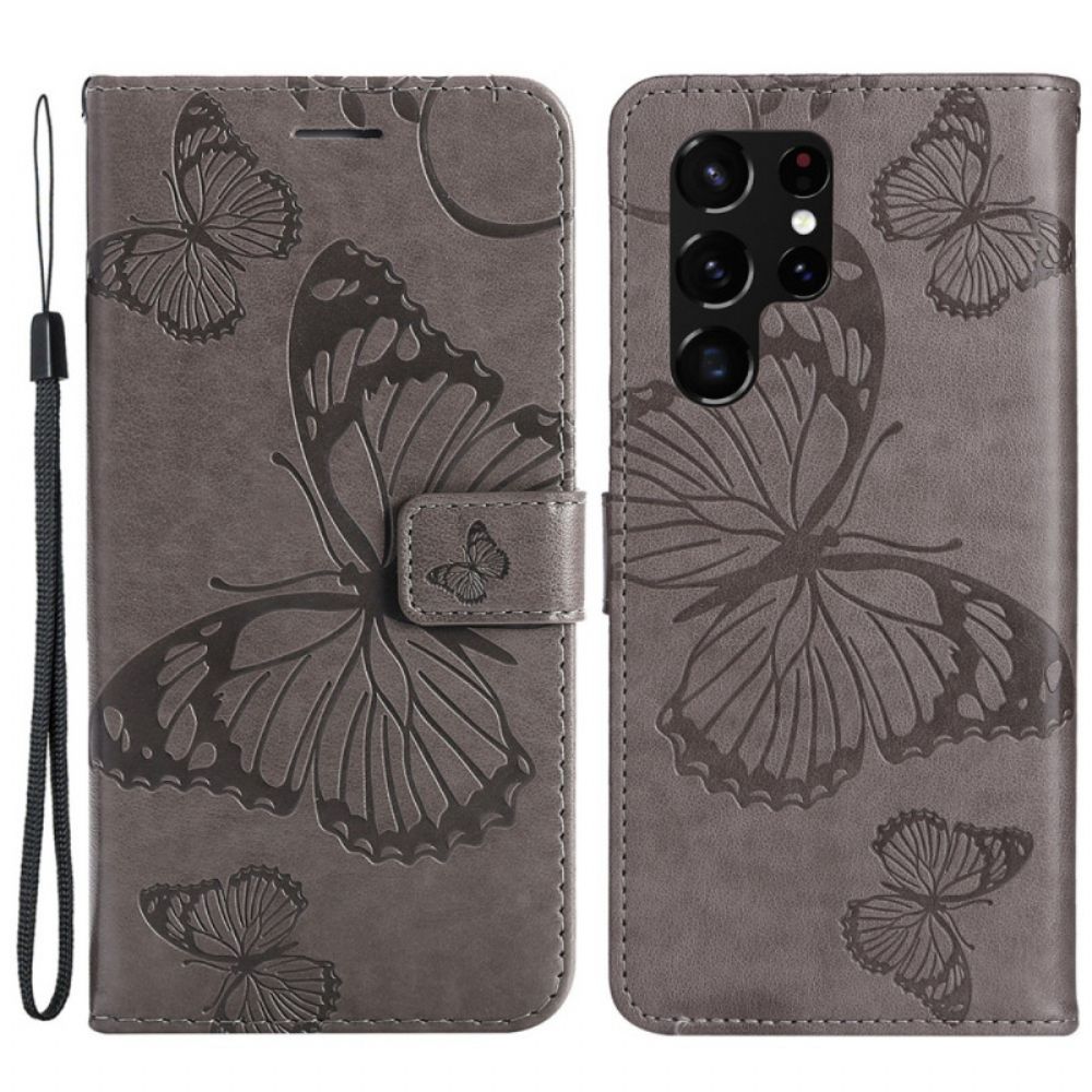 Folio-hoesje voor Samsung Galaxy S22 Ultra 5G Met Ketting Reusachtige Vlinders Met Bandjes