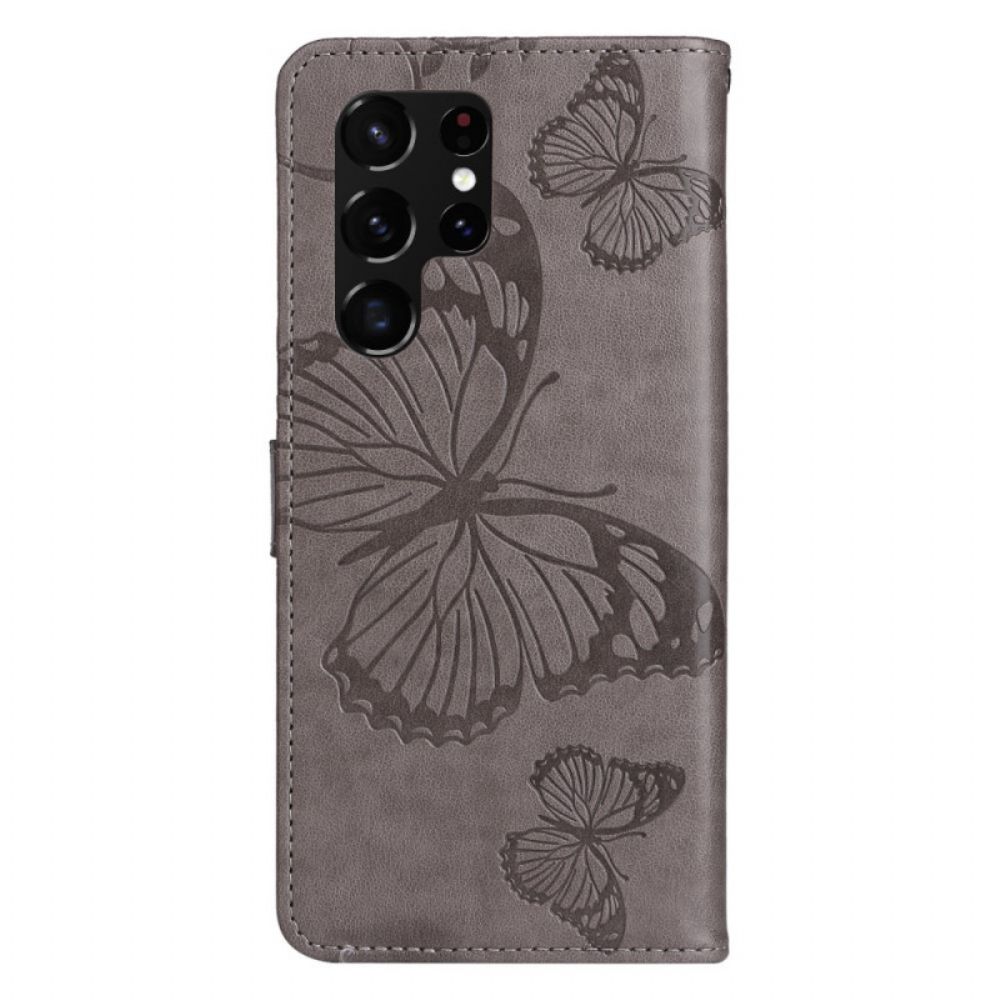 Folio-hoesje voor Samsung Galaxy S22 Ultra 5G Met Ketting Reusachtige Vlinders Met Bandjes