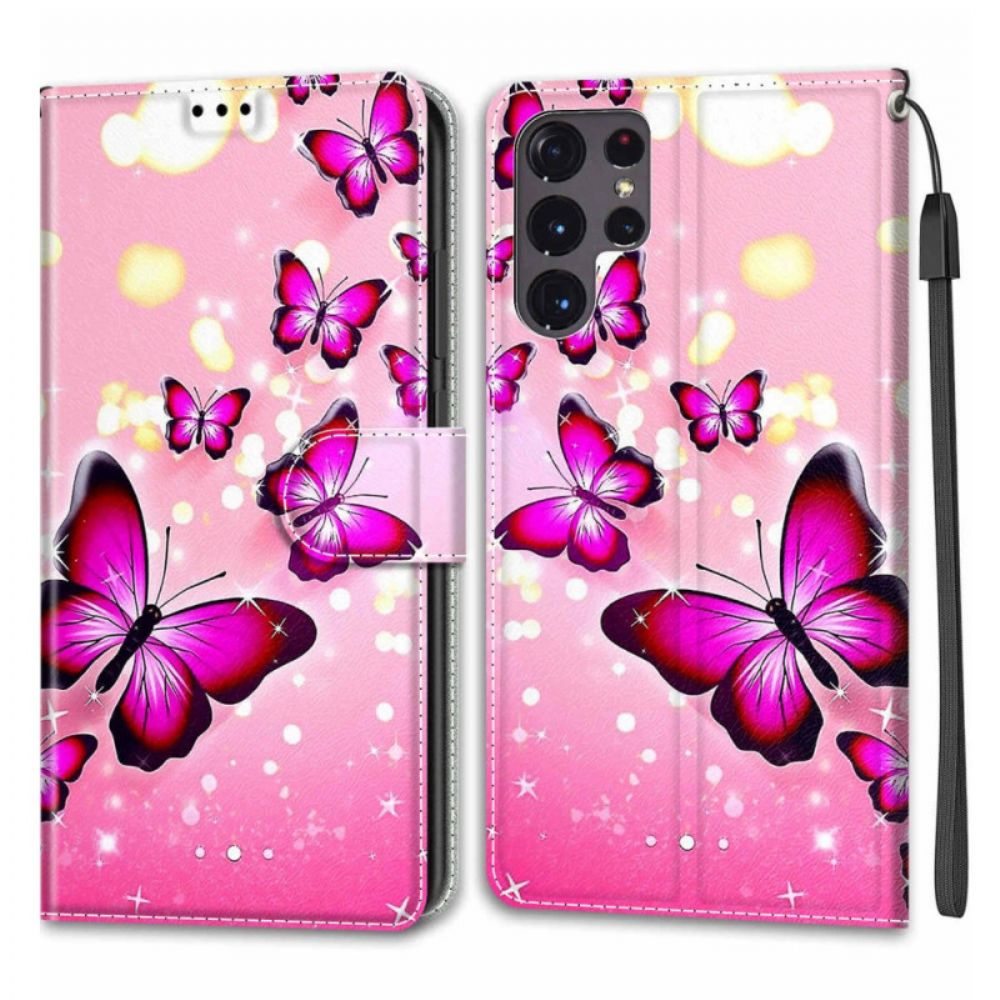 Folio-hoesje voor Samsung Galaxy S22 Ultra 5G Met Ketting Thong Vlinders Fan