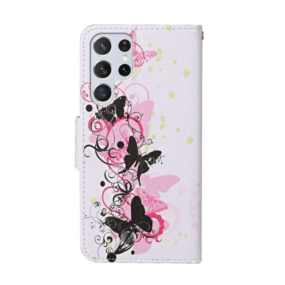Folio-hoesje voor Samsung Galaxy S22 Ultra 5G Vlinders En Lanyard