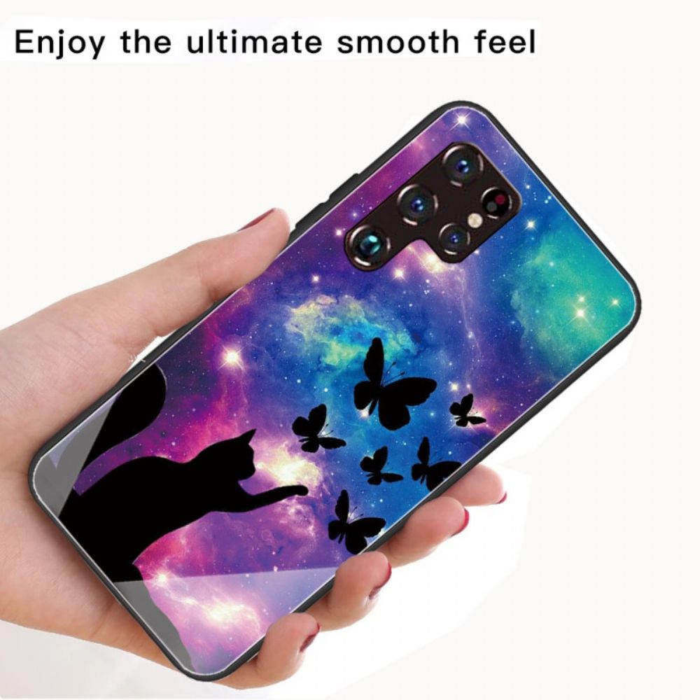 Hoesje voor Samsung Galaxy S22 Ultra 5G Gehard Glas Kat En Vlinders In De Ruimte