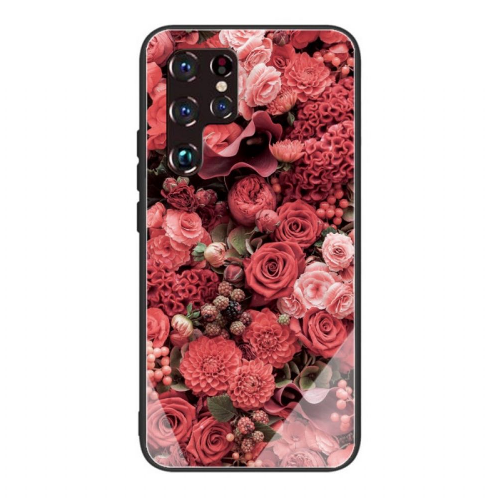 Hoesje voor Samsung Galaxy S22 Ultra 5G Gehard Glas Roze Bloemen