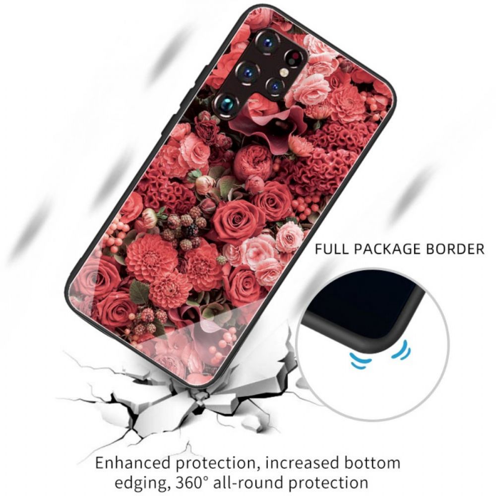 Hoesje voor Samsung Galaxy S22 Ultra 5G Gehard Glas Roze Bloemen