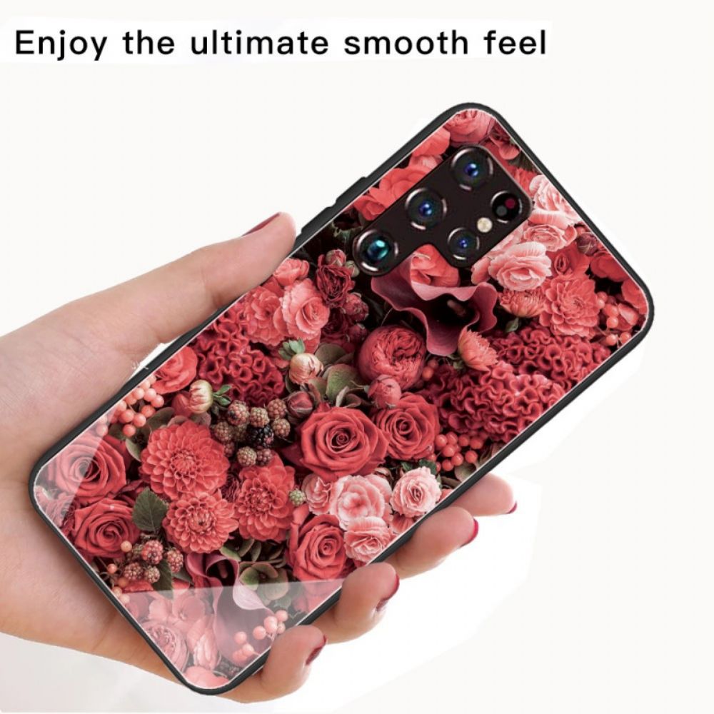 Hoesje voor Samsung Galaxy S22 Ultra 5G Gehard Glas Roze Bloemen