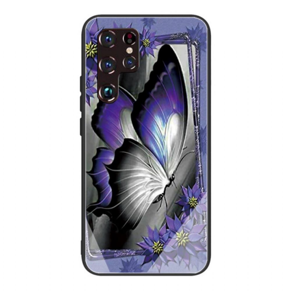 Hoesje voor Samsung Galaxy S22 Ultra 5G Paarse Vlinder Gehard Glas