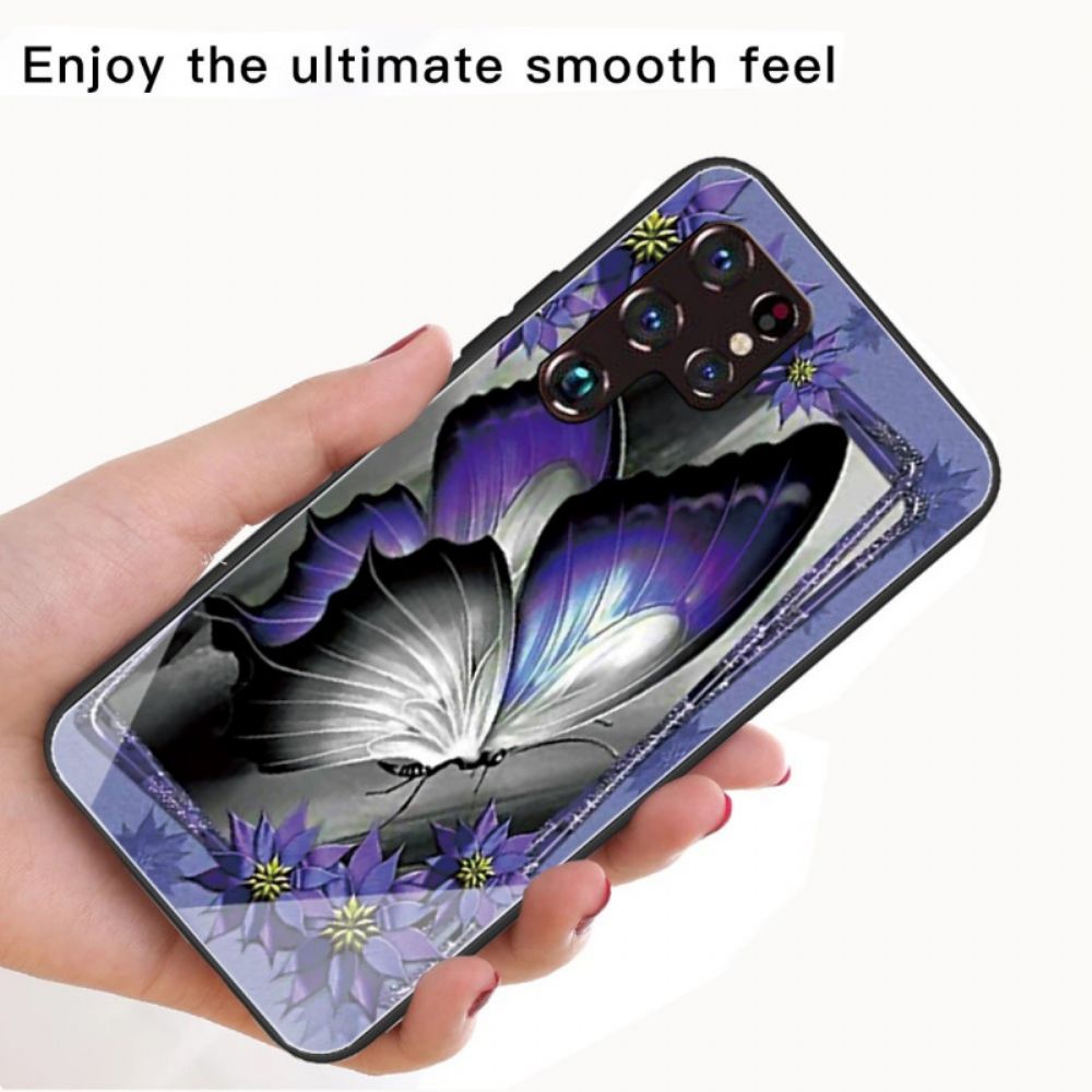 Hoesje voor Samsung Galaxy S22 Ultra 5G Paarse Vlinder Gehard Glas