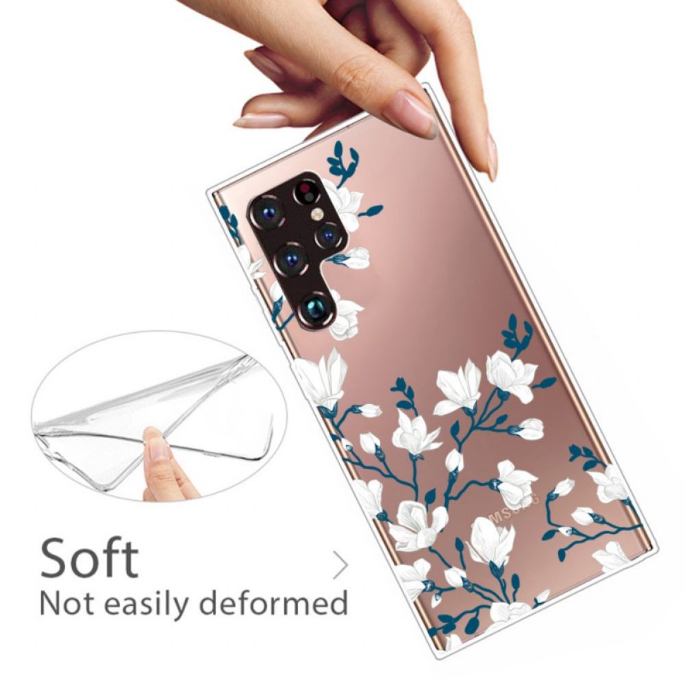Hoesje voor Samsung Galaxy S22 Ultra 5G Transparante Witte Bloemen