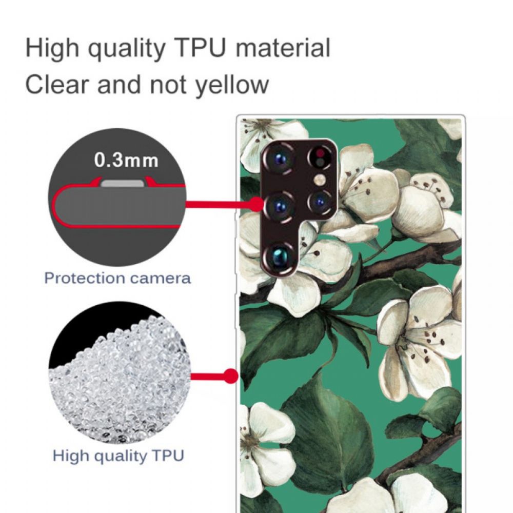 Hoesje voor Samsung Galaxy S22 Ultra 5G Witte Bloemen Geschilderd