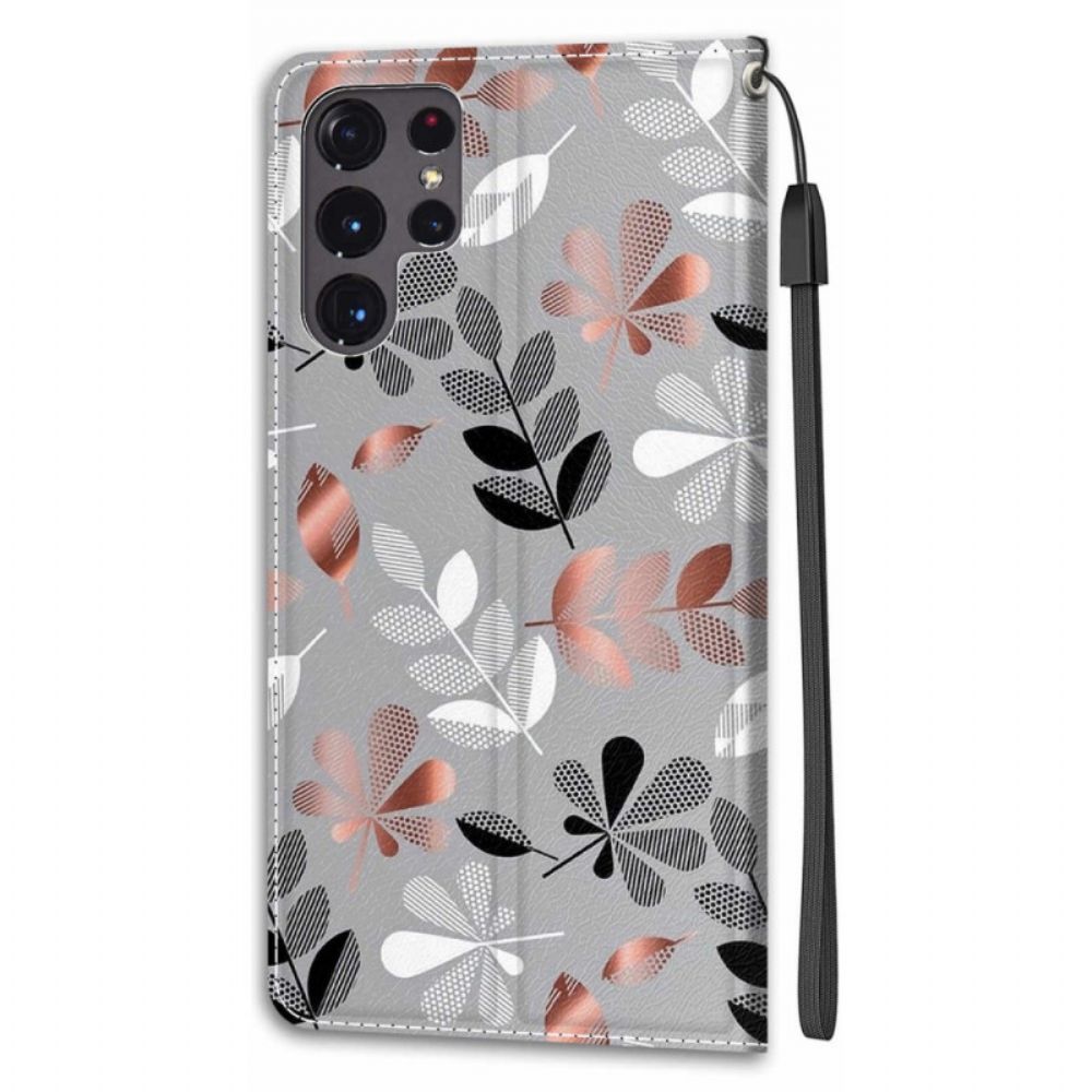 Leren Hoesje voor Samsung Galaxy S22 Ultra 5G Bladeren Met Koord