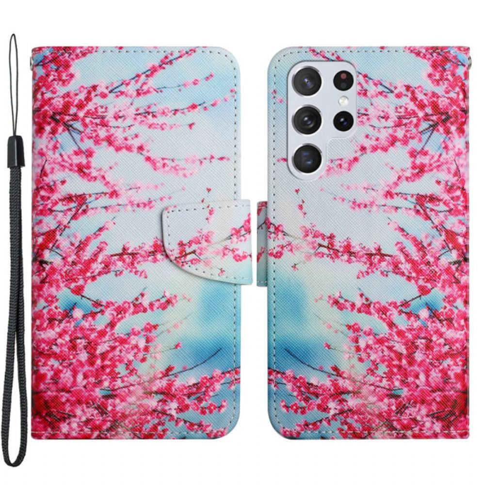 Leren Hoesje voor Samsung Galaxy S22 Ultra 5G Met Ketting Bloeiende Tak Met Riem