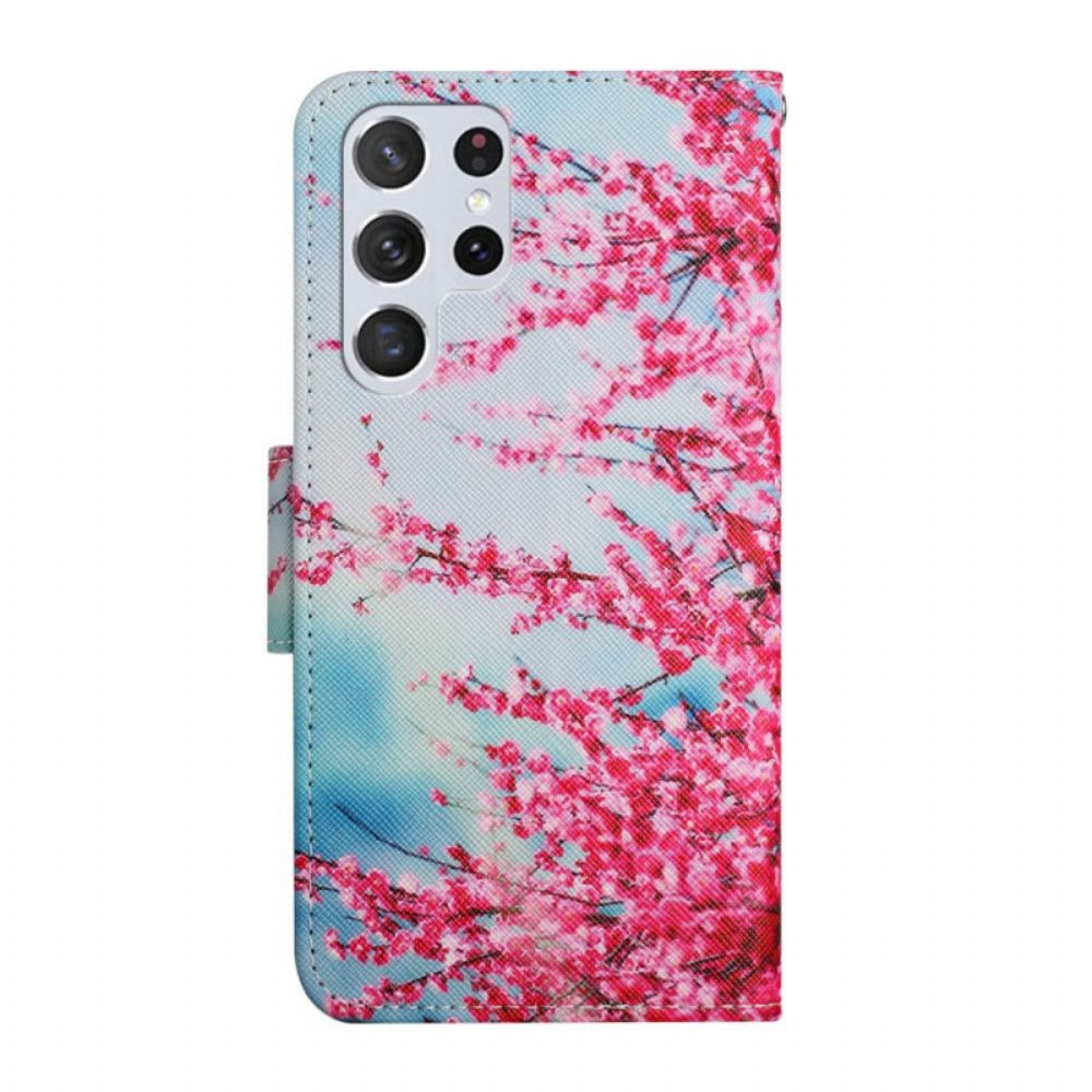 Leren Hoesje voor Samsung Galaxy S22 Ultra 5G Met Ketting Bloeiende Tak Met Riem