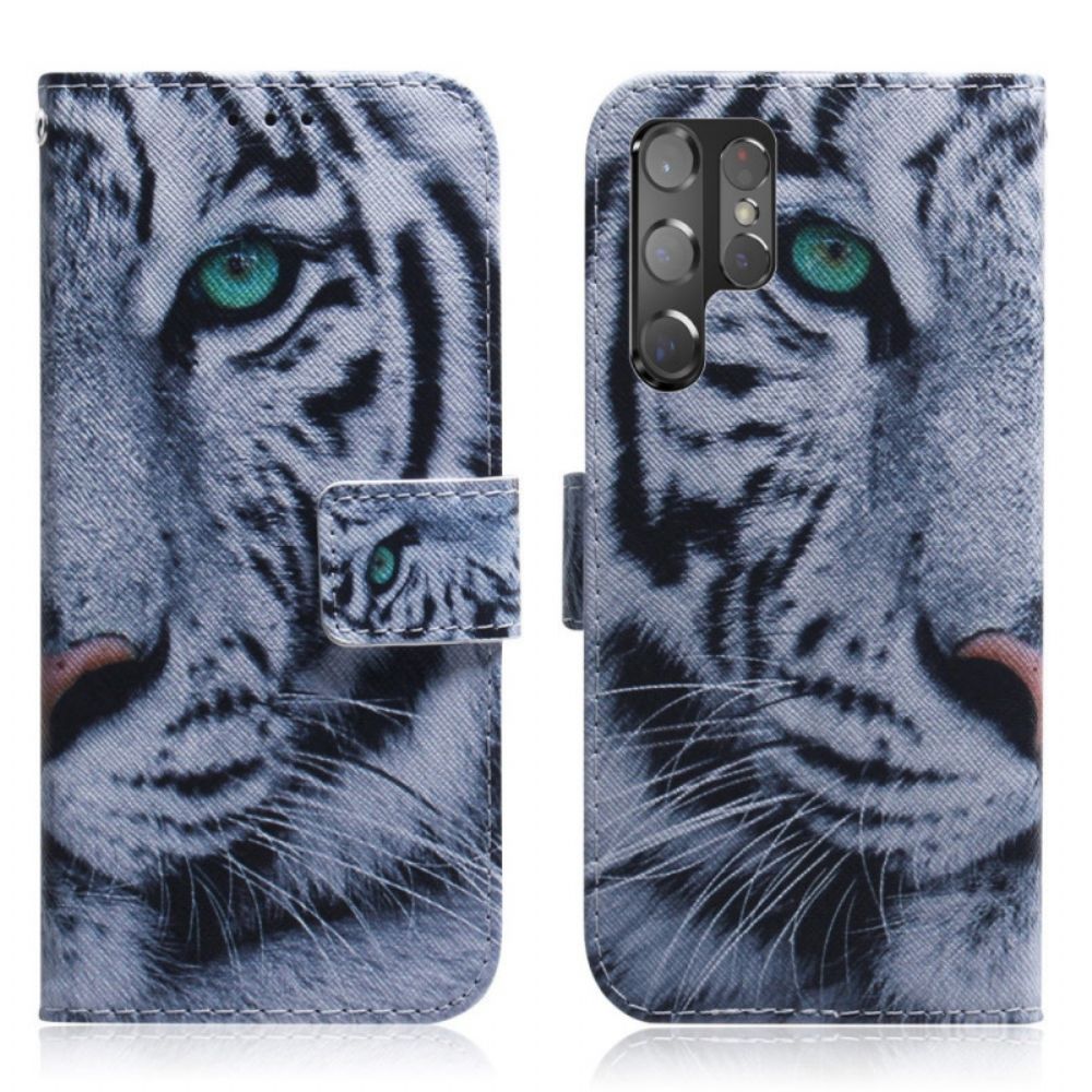 Leren Hoesje voor Samsung Galaxy S22 Ultra 5G Tijgergezicht