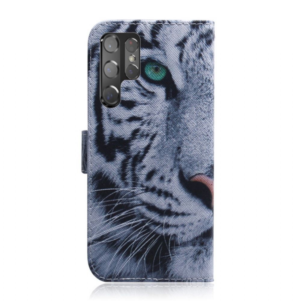 Leren Hoesje voor Samsung Galaxy S22 Ultra 5G Tijgergezicht