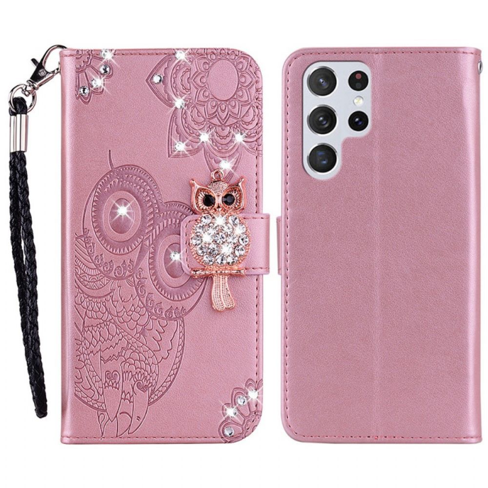 Leren Hoesje voor Samsung Galaxy S22 Ultra 5G Uil Mandala En Charm