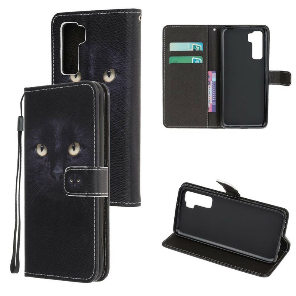 Folio-hoesje voor Huawei P40 Lite 5G Met Ketting Zwarte Kattenogen Met Riem