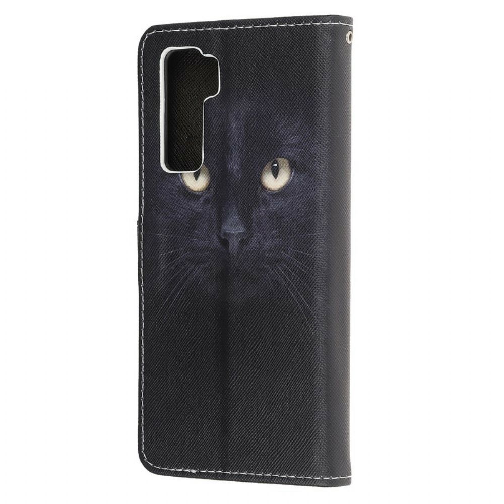 Folio-hoesje voor Huawei P40 Lite 5G Met Ketting Zwarte Kattenogen Met Riem