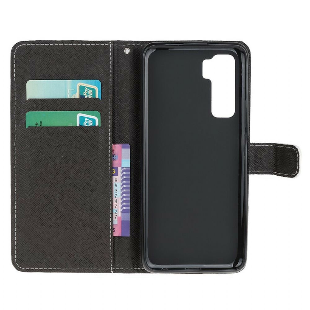 Folio-hoesje voor Huawei P40 Lite 5G Met Ketting Zwarte Kattenogen Met Riem