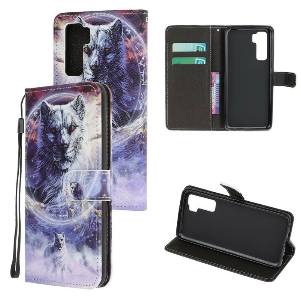 Leren Hoesje voor Huawei P40 Lite 5G Wolf In De Winter Met Draagkoord