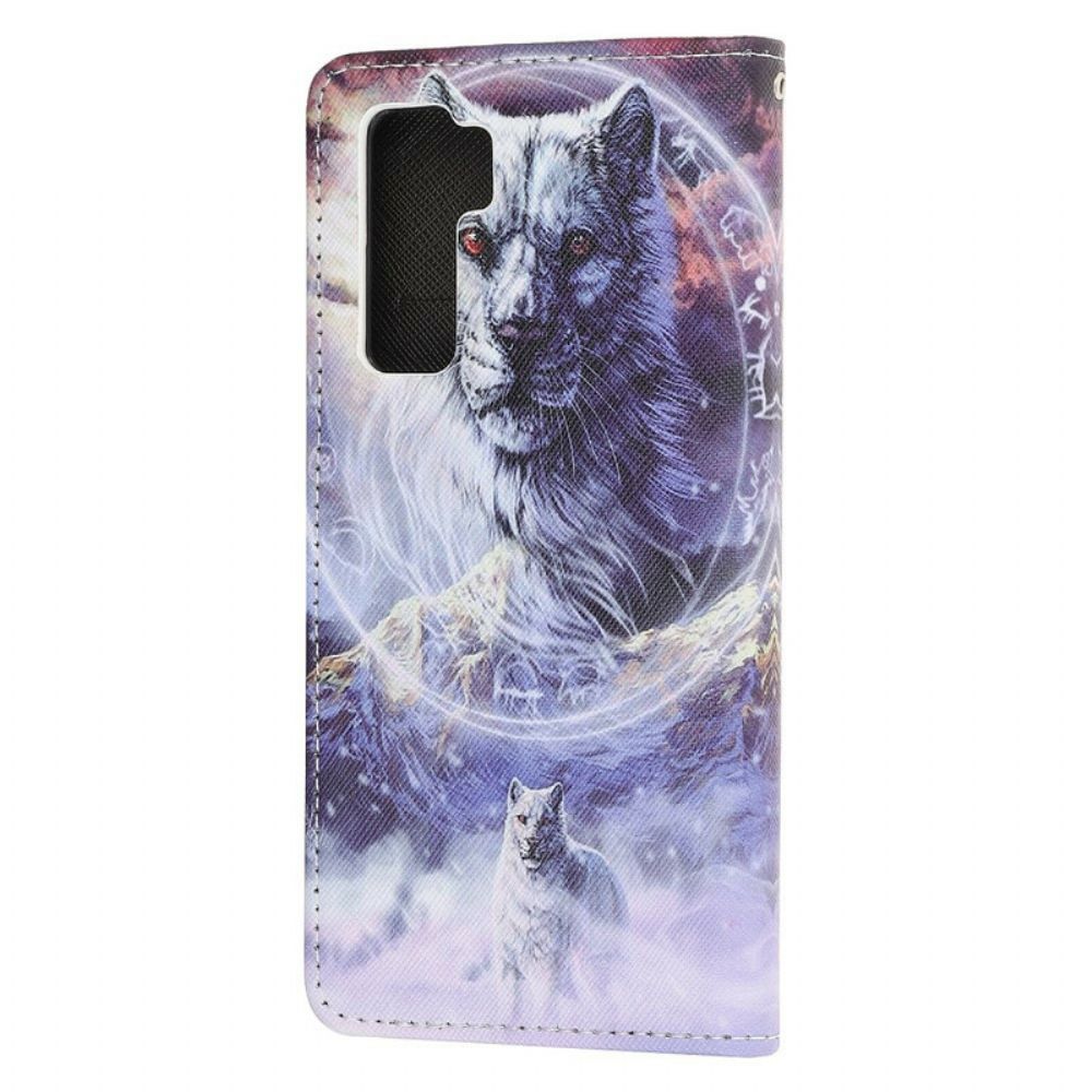 Leren Hoesje voor Huawei P40 Lite 5G Wolf In De Winter Met Draagkoord