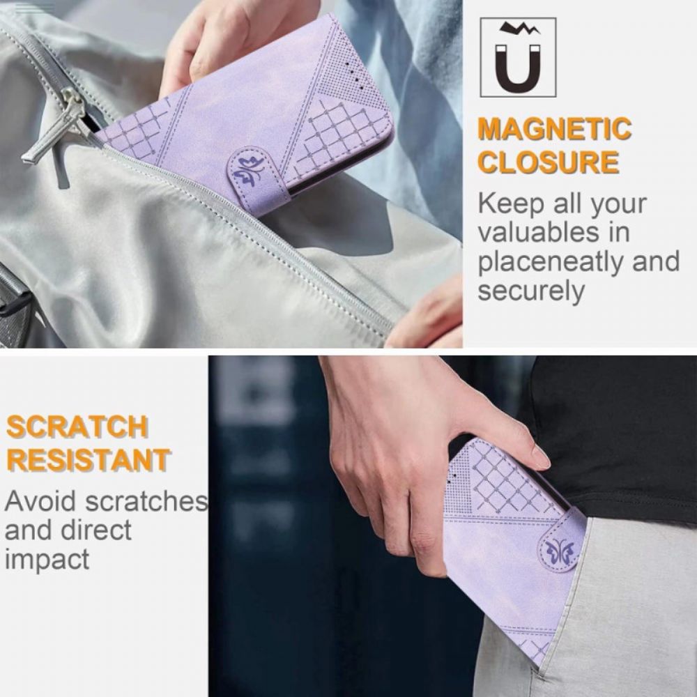 Leren Hoesje Poco X7 Pro 5g Geometrisch Patroon En Vlinders