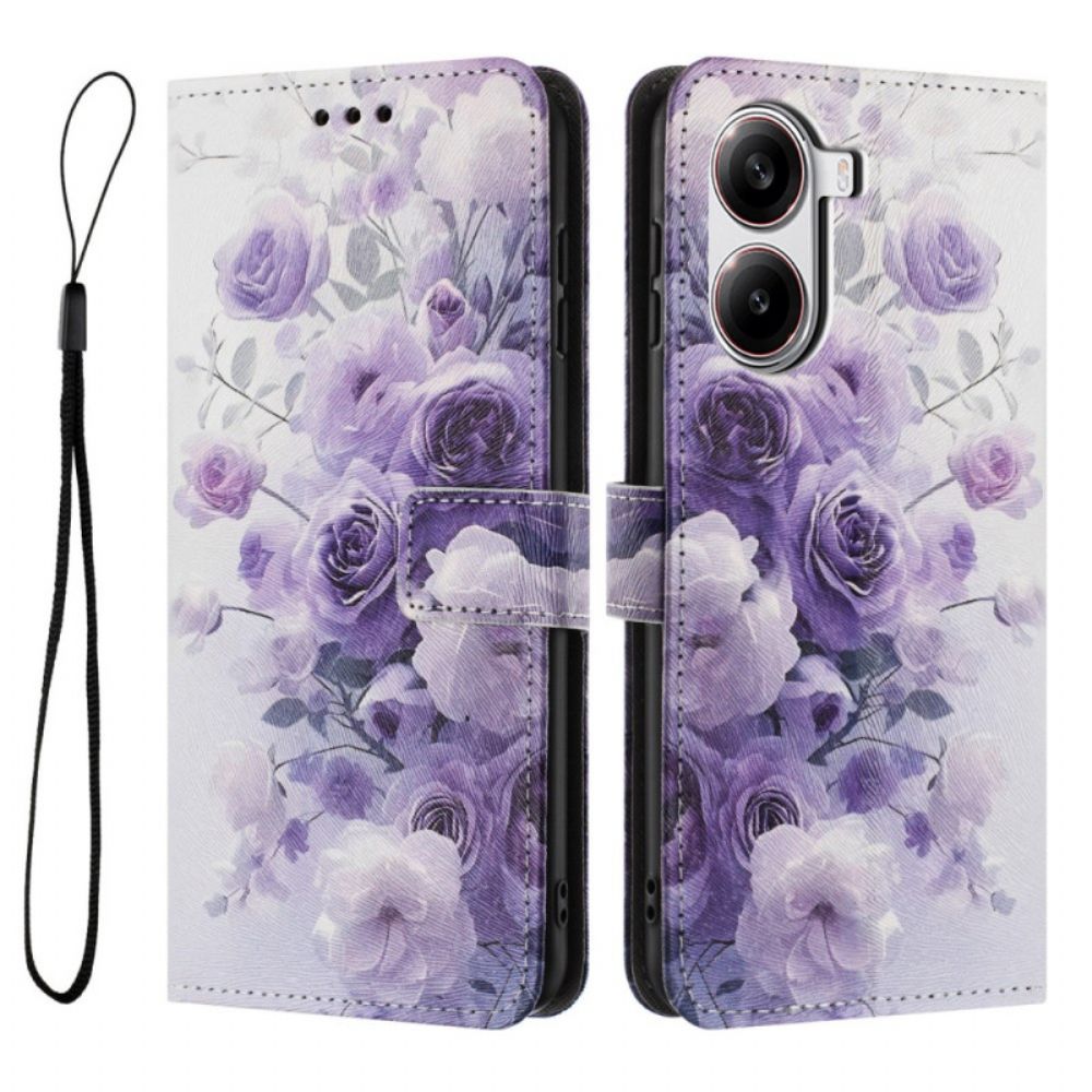 Leren Hoesje Voor Poco X7 Pro 5g Paarse Bloemen
