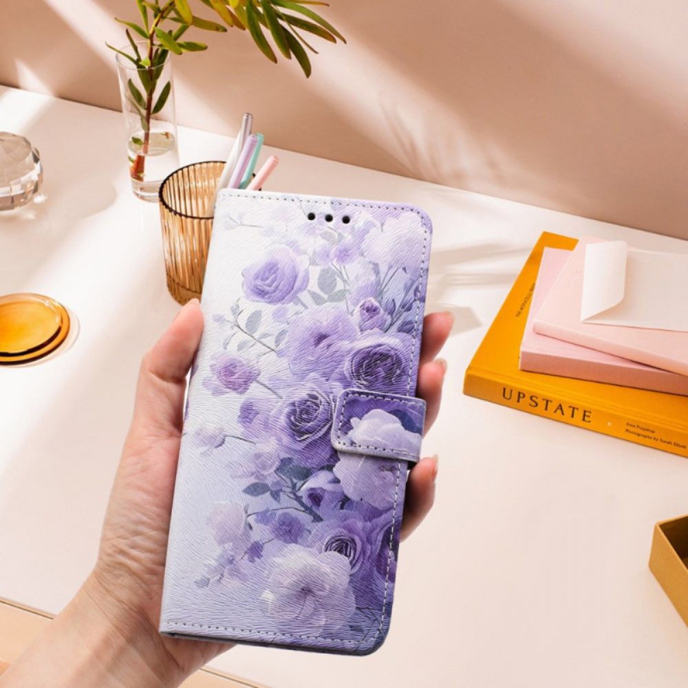 Leren Hoesje Voor Poco X7 Pro 5g Paarse Bloemen