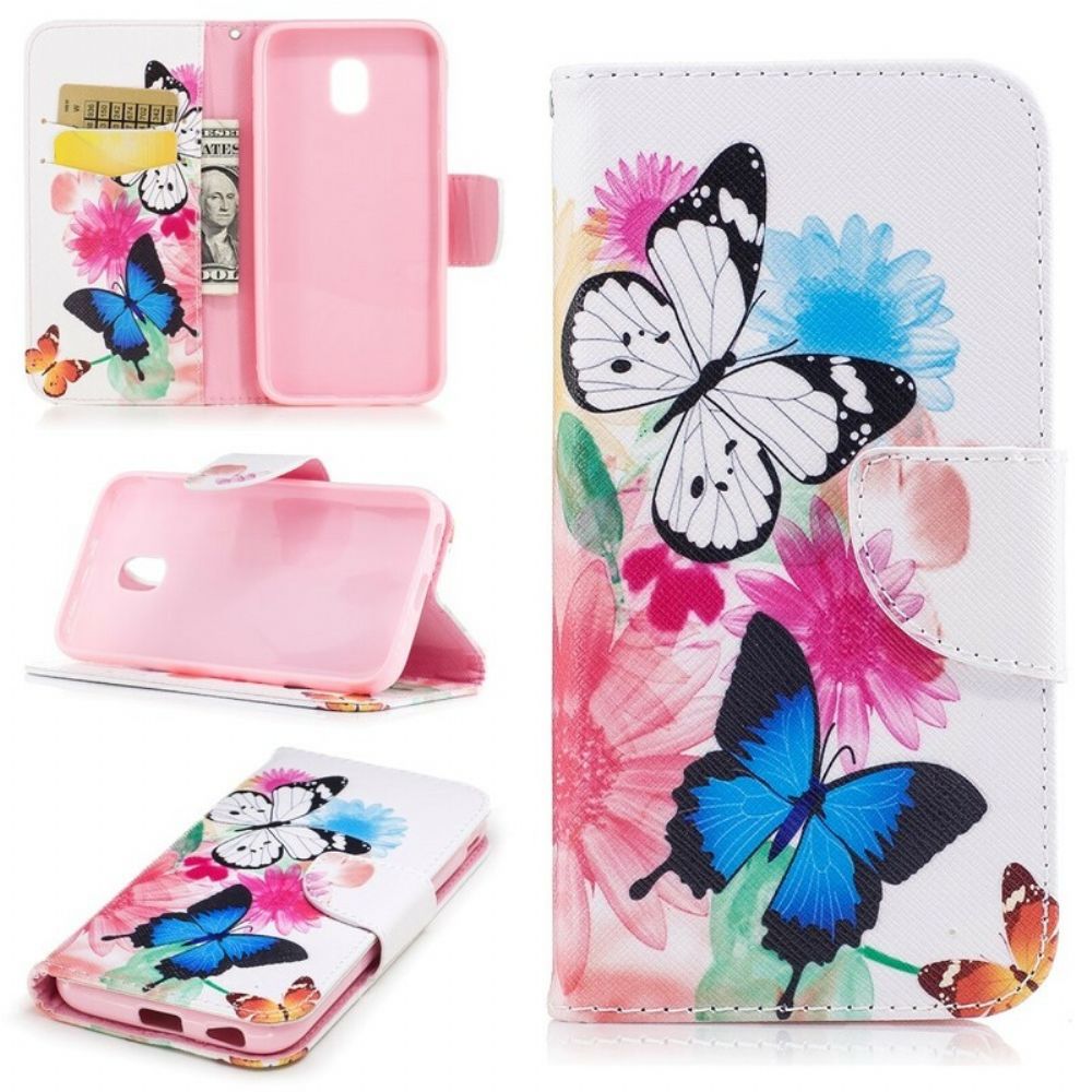 Leren Hoesje voor Samsung Galaxy J7 2017 Geschilderde Vlinders En Bloemen