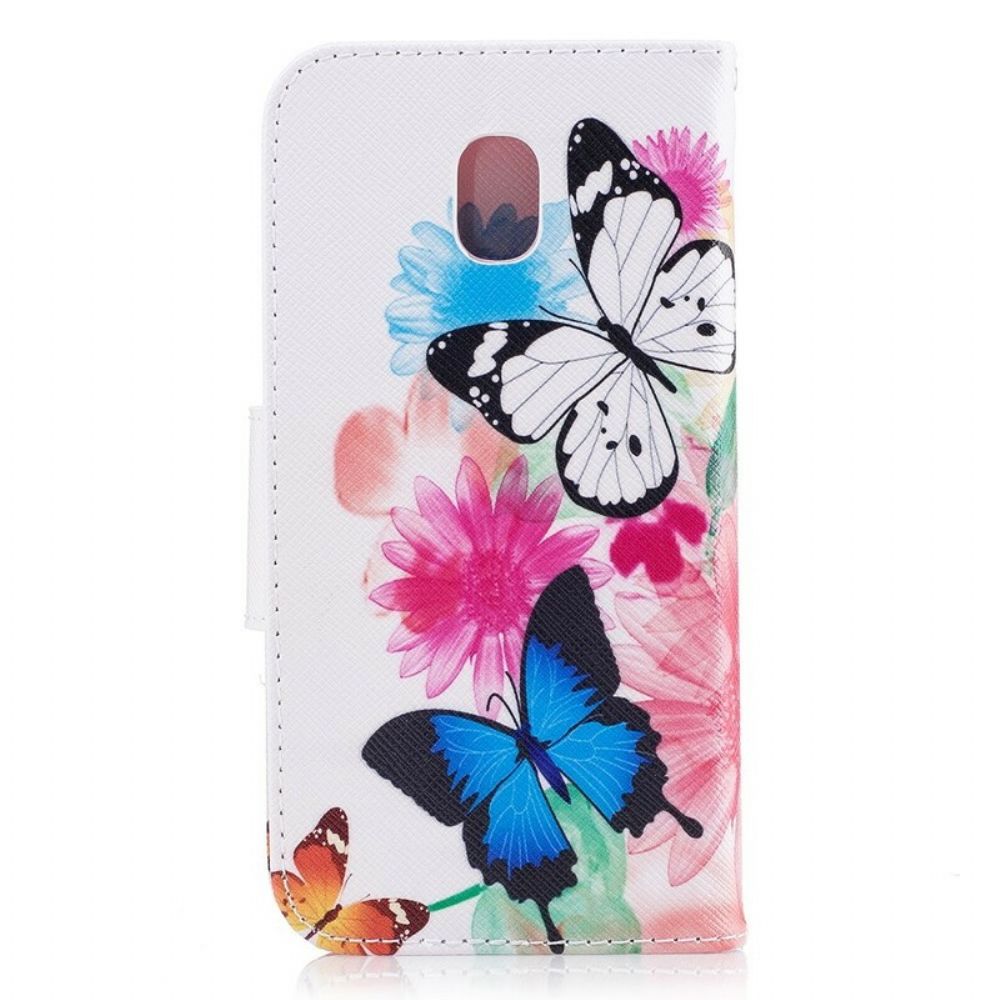 Leren Hoesje voor Samsung Galaxy J7 2017 Geschilderde Vlinders En Bloemen