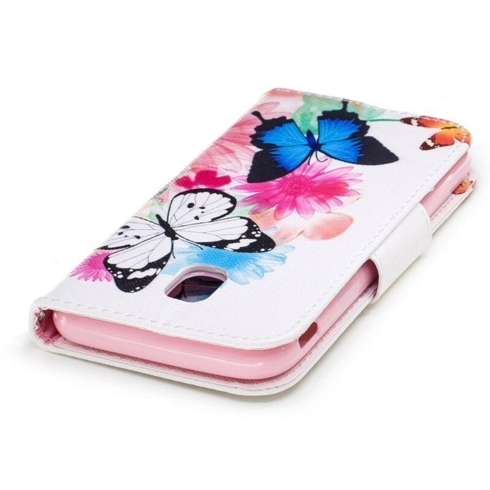 Leren Hoesje voor Samsung Galaxy J7 2017 Geschilderde Vlinders En Bloemen