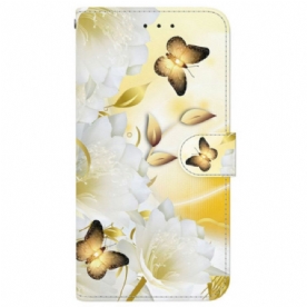 Leren Hoesje Xiaomi Redmi Note 15 5g Gouden Vlinders En Witte Bloemen