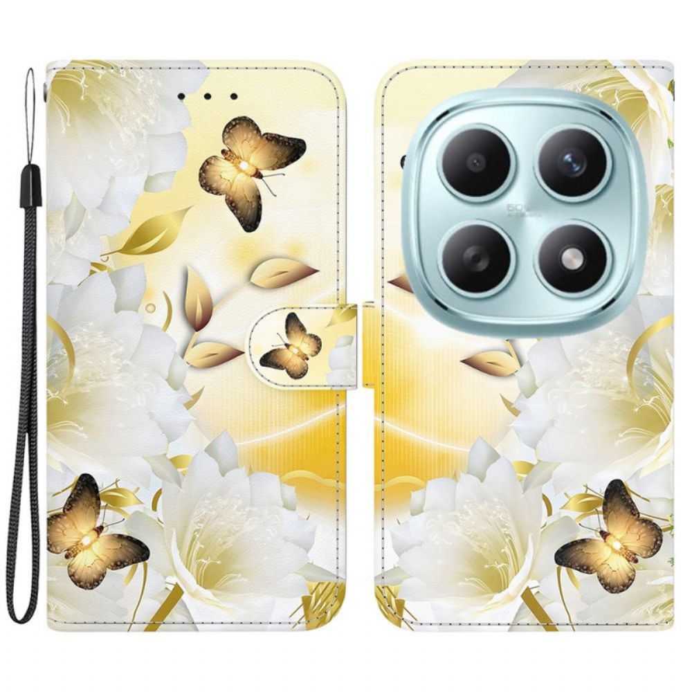 Leren Hoesje Xiaomi Redmi Note 15 5g Gouden Vlinders En Witte Bloemen
