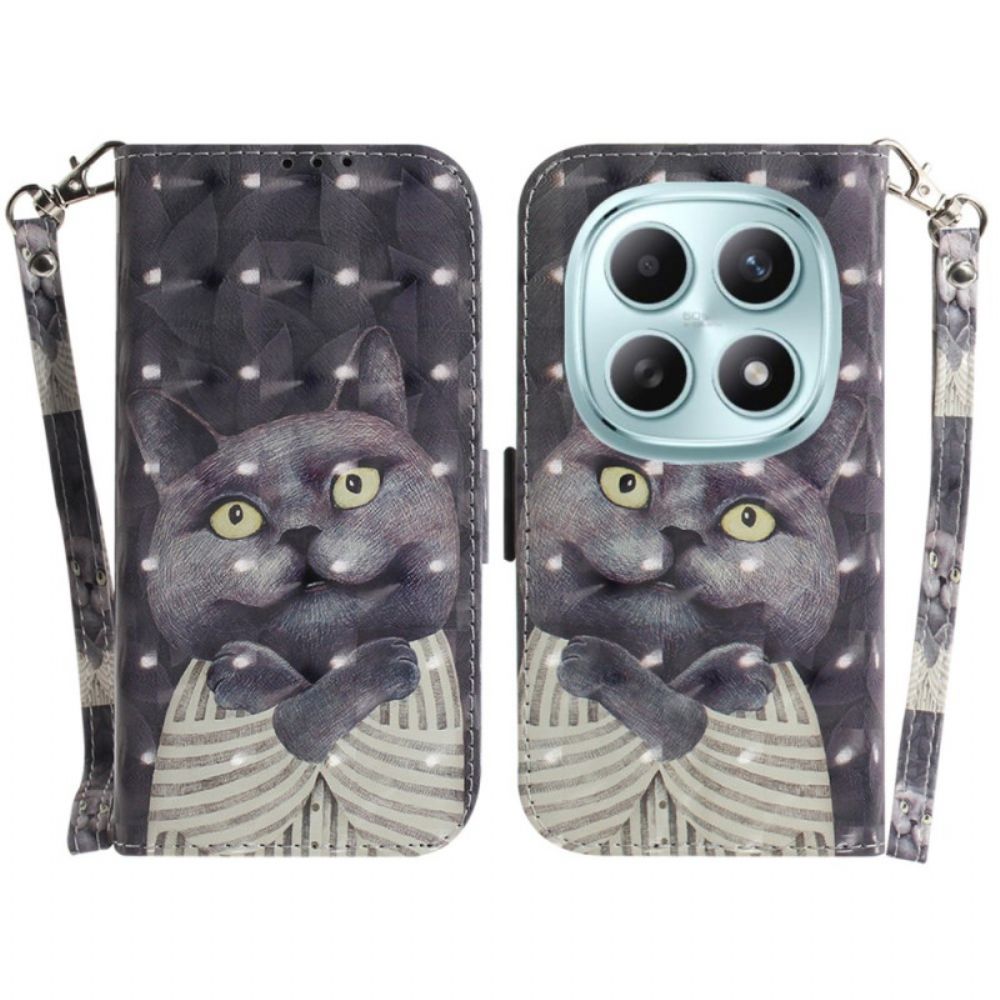 Leren Hoesje Xiaomi Redmi Note 15 5g Grijze Kat Met Koord Bescherming Hoesje