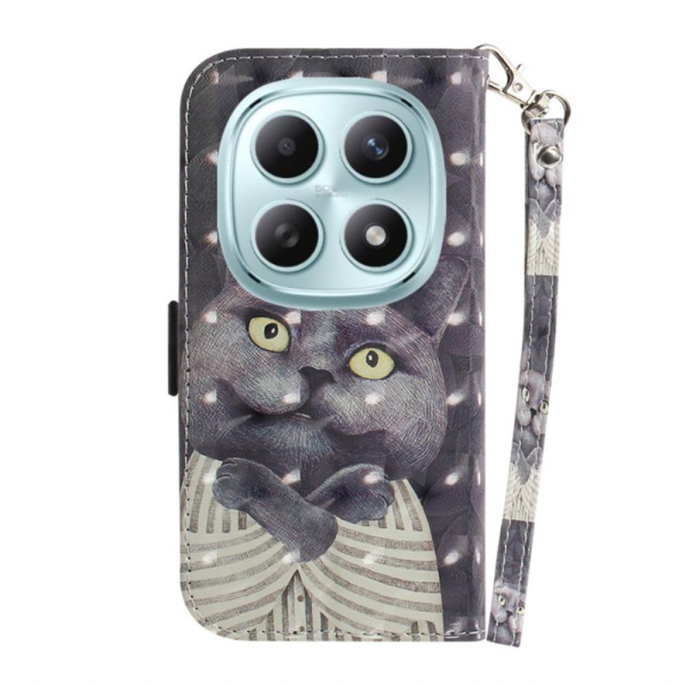 Leren Hoesje Xiaomi Redmi Note 15 5g Grijze Kat Met Koord Bescherming Hoesje