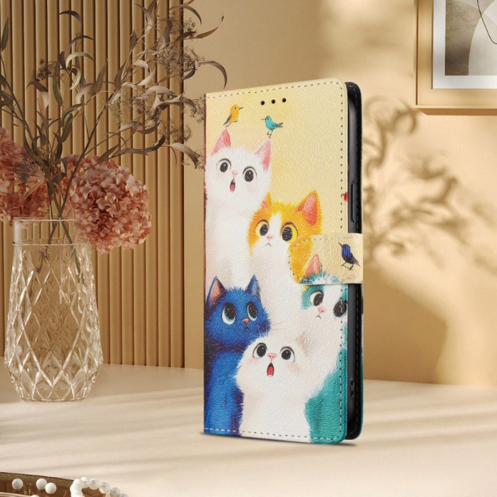 Leren Hoesje Xiaomi Redmi Note 15 5g Kleurrijke Katten Bescherming Hoesje