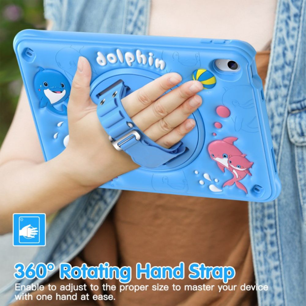 Hoesje iPad (2025) Draaibare Standaard Met Dolfijn En Draagriem Voor Kinderen