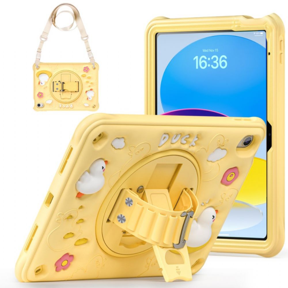 Hoesje iPad (2025) Eend Met Standaard En Schouderriem Voor Kinderen Bescherming Hoesje