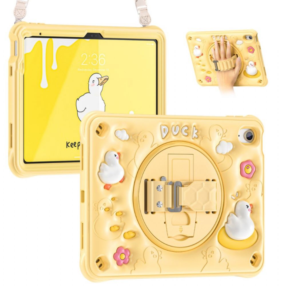 Hoesje iPad (2025) Eend Met Standaard En Schouderriem Voor Kinderen Bescherming Hoesje
