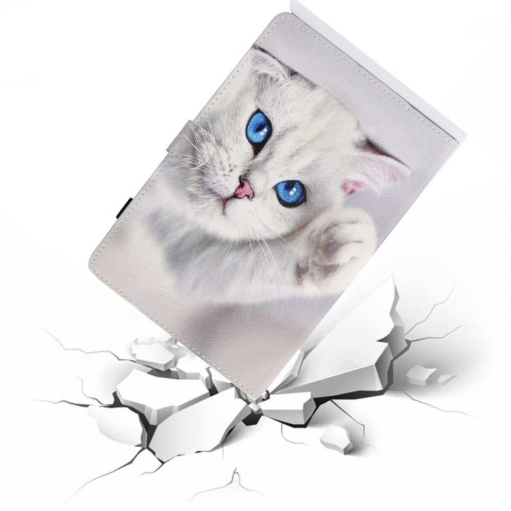 Leren Hoesje iPad (2025) Witte Kat Met Blauwe Ogen Bescherming Hoesje